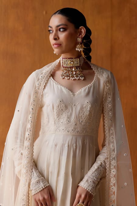 Preevin Off White Cotton, Tulle, Net Mirrors, Embroidery Round Tower Anarkali Pant Set at Aza Fashions Preevin_Off White Cotton, Tulle, Net Mirrors, Embroidery Round Tower Anarkali Pant Set _at_Aza_Fashions