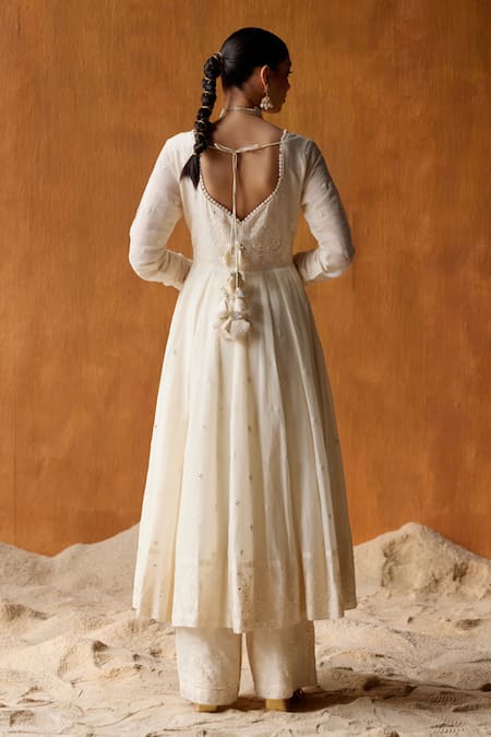 Shop Preevin Off White Cotton, Tulle, Net Mirrors, Embroidery Round Tower Anarkali Pant Set at Aza Fashions Shop_Preevin_Off White Cotton, Tulle, Net Mirrors, Embroidery Round Tower Anarkali Pant Set _at_Aza_Fashions