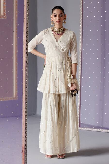 Shop Preevin Off White Cotton, Tulle, Net Mirrors, Embroidery Big Kite Peplum Top Sharara Set Online at Aza Fashions Shop_Preevin_Off White Cotton, Tulle, Net Mirrors, Embroidery Big Kite Peplum Top Sharara Set _Online_at_Aza_Fashions