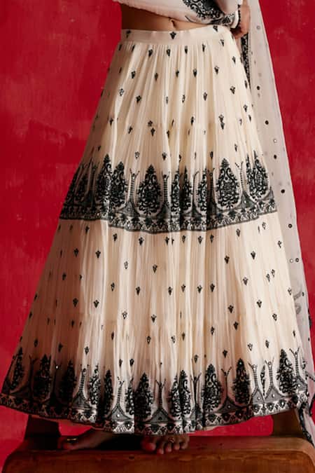 Preevin_Black Cotton, Tulle, Net Mirrors, Embroidery V-neck Tower Lehenga Set _Online_at_Aza_Fashions