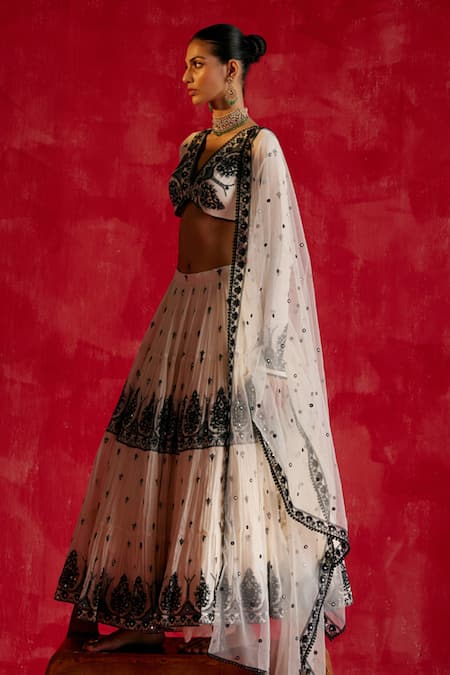 Buy_Preevin_Black Cotton, Tulle, Net Mirrors, Embroidery V-neck Tower Lehenga Set _Online_at_Aza_Fashions