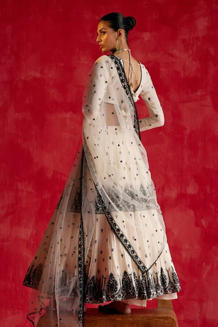 Shop_Preevin_Black Cotton, Tulle, Net Mirrors, Embroidery V-neck Tower Lehenga Set _Online_at_Aza_Fashions