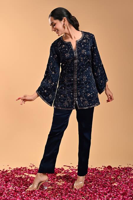 Rirasa_Blue Net, Nylon Embroidery Round Neck Chakra Gul Short Kurta With Pant_Online_at_Aza_Fashions