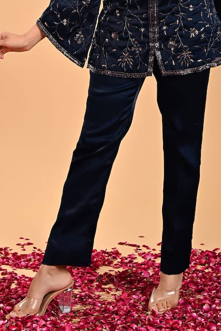 Buy_Rirasa_Blue Net, Nylon Embroidery Round Neck Chakra Gul Short Kurta With Pant_Online_at_Aza_Fashions