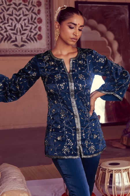 Shop_Rirasa_Blue Net, Nylon Embroidery Round Neck Chakra Gul Short Kurta With Pant_Online_at_Aza_Fashions