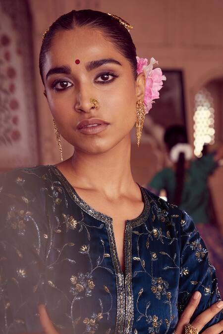 Rirasa_Blue Net, Nylon Embroidery Round Neck Chakra Gul Short Kurta With Pant_at_Aza_Fashions