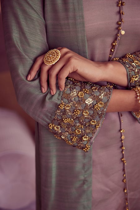 Rirasa_Green Silk Embroidery Round Neck Suchi Bloom Cape Pant Set_Online_at_Aza_Fashions