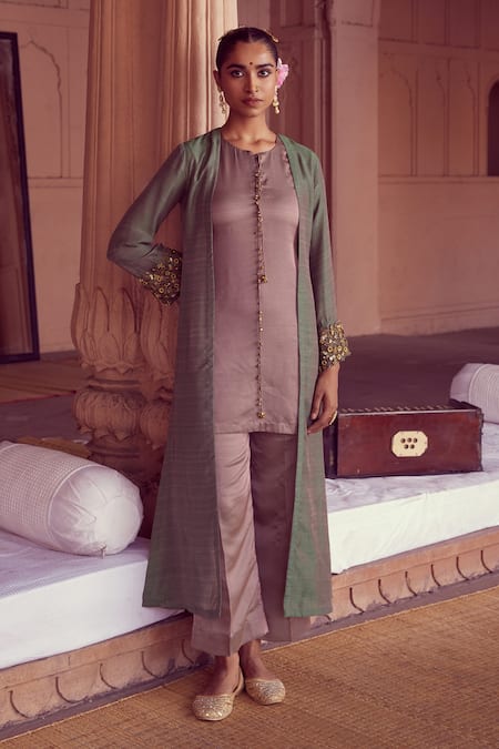 Buy_Rirasa_Green Silk Embroidery Round Neck Suchi Bloom Cape Pant Set_Online_at_Aza_Fashions