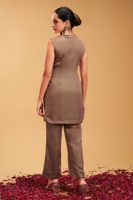 Shop_Rirasa_Green Silk Embroidery Round Neck Suchi Bloom Cape Pant Set_Online_at_Aza_Fashions