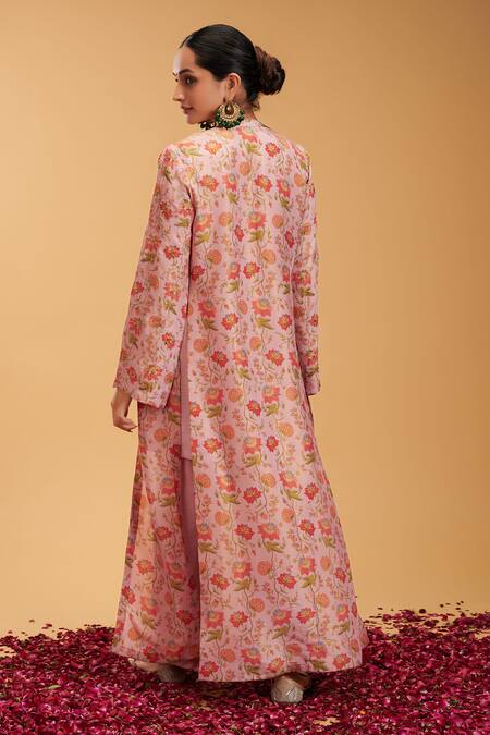 Shop Rirasa Pink Silk, Tissue Embroidery Round Neck Shikhar Blossom Print Cape Pant Set at Aza Fashions Shop_Rirasa_Pink Silk, Tissue Embroidery Round Neck Shikhar Blossom Print Cape Pant Set_at_Aza_Fashions