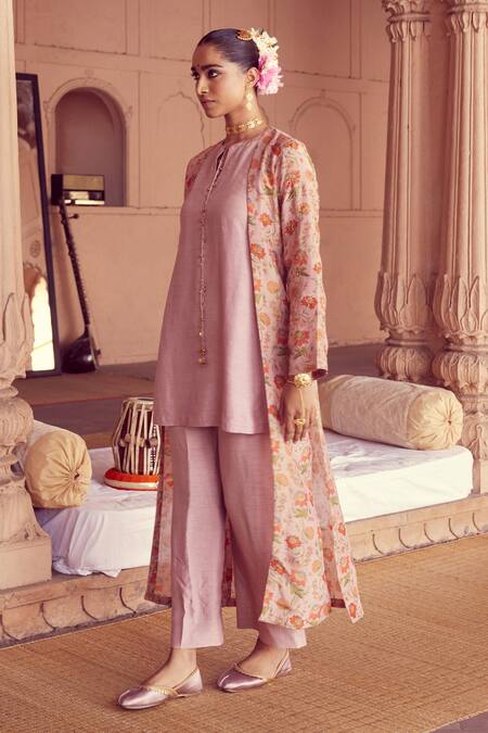Rirasa Pink Silk, Tissue Embroidery Round Neck Shikhar Blossom Print Cape Pant Set Online at Aza Fashions Rirasa_Pink Silk, Tissue Embroidery Round Neck Shikhar Blossom Print Cape Pant Set_Online_at_Aza_Fashions