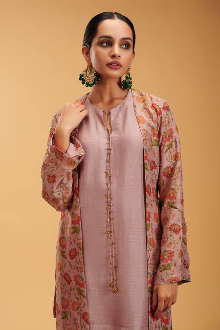 Rirasa Pink Silk, Tissue Embroidery Round Neck Shikhar Blossom Print Cape Pant Set at Aza Fashions Rirasa_Pink Silk, Tissue Embroidery Round Neck Shikhar Blossom Print Cape Pant Set_at_Aza_Fashions