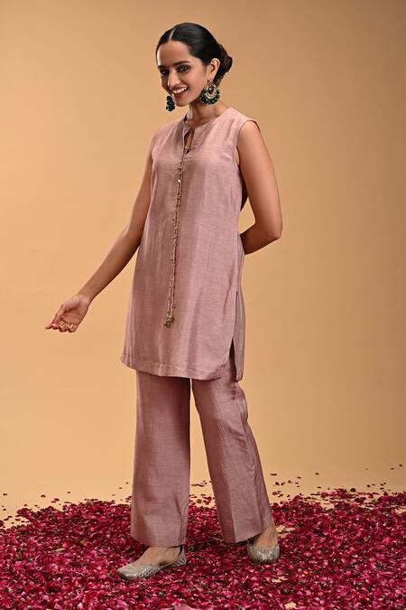 Rirasa_Pink Silk Embroidery Round Shikhar Dori Tassel Embellished Short Kurta With Pant_Online_at_Aza_Fashions