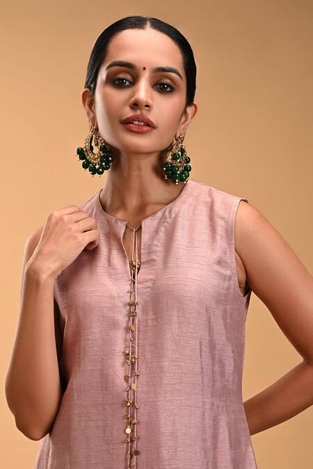 Shop_Rirasa_Pink Silk Embroidery Round Shikhar Dori Tassel Embellished Short Kurta With Pant_Online_at_Aza_Fashions