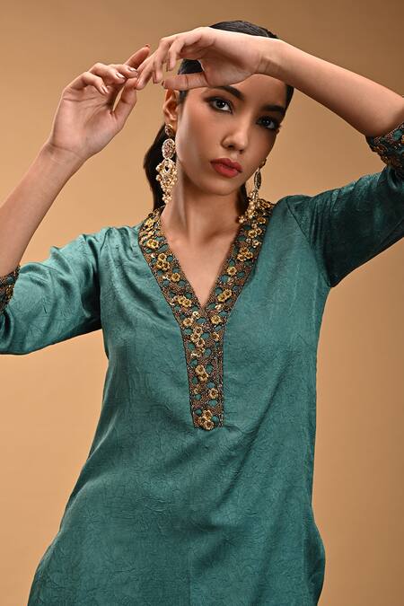 Rirasa_Blue Organza, Taffeta Embroidery Mayuram Flora Textured Short Kurta Sharara Set_Online_at_Aza_Fashions