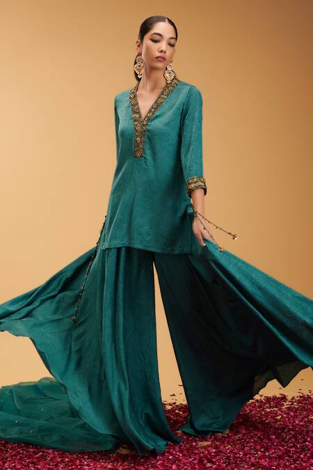 Buy_Rirasa_Blue Organza, Taffeta Embroidery Mayuram Flora Textured Short Kurta Sharara Set_Online_at_Aza_Fashions