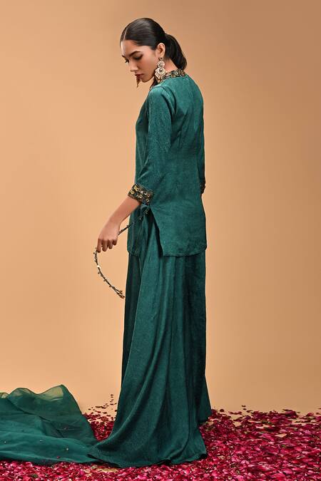 Shop_Rirasa_Blue Organza, Taffeta Embroidery Mayuram Flora Textured Short Kurta Sharara Set_Online_at_Aza_Fashions