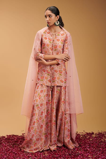 RIRASA Pink Tissue Print Bahar Notched Anjali Embroidered Short Kurta Sharara Set