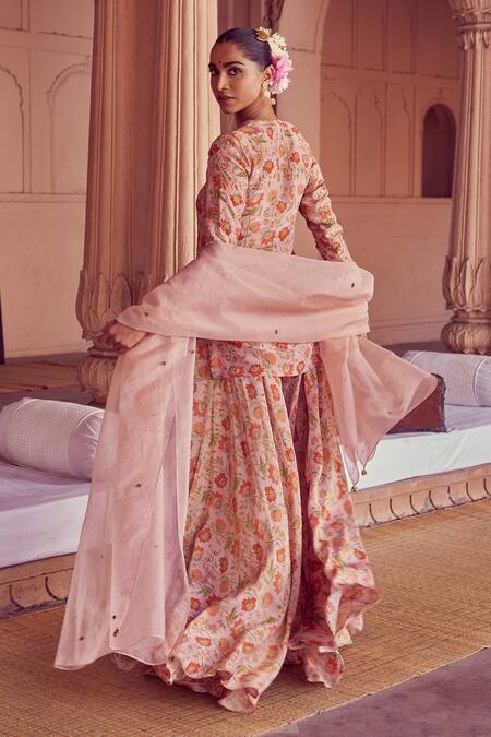 Shop Rirasa Pink Organza, Tissue Embroidery Anjali Bahar Short Kurta Sharara Set at Aza Fashions Shop_Rirasa_Pink Organza, Tissue Embroidery Anjali Bahar Short Kurta Sharara Set_at_Aza_Fashions