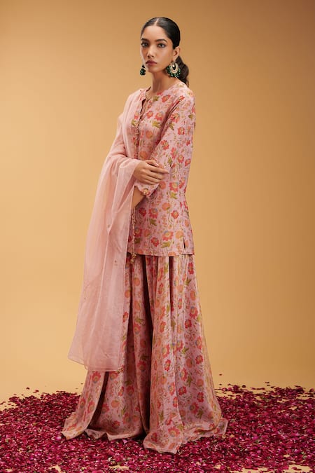 Shop Rirasa Pink Organza, Tissue Embroidery Anjali Bahar Short Kurta Sharara Set Online at Aza Fashions Shop_Rirasa_Pink Organza, Tissue Embroidery Anjali Bahar Short Kurta Sharara Set_Online_at_Aza_Fashions