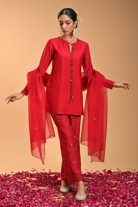 RIRASA Red Raw Silk Embroidery Floret Pasha Ghungroo Tassel Tie Up Short Kurta Pant Set