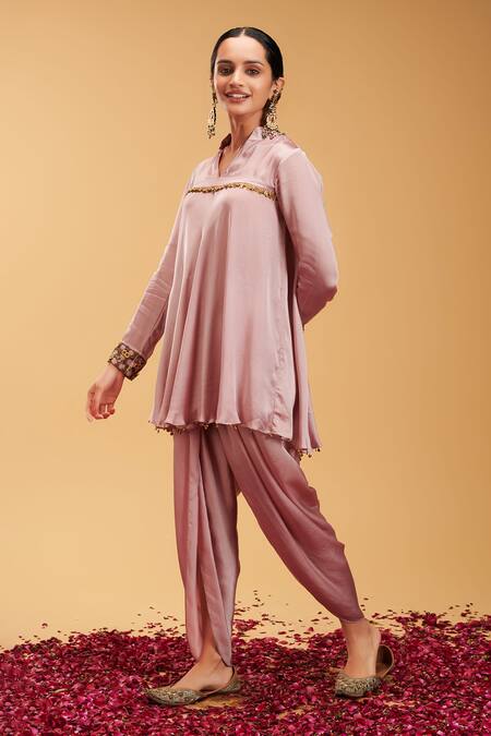 Rirasa_Pink Modal, Satin Sequins, Palli Coin Embellished Short Kurta With Dhoti Pant _Online_at_Aza_Fashions