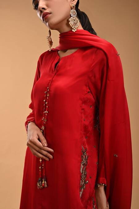 Rirasa_Red Georgette, Satin Diamonds, Matsya Phool Asymmetric Kurta With Dupatta_Online_at_Aza_Fashions