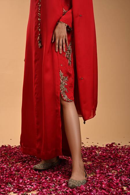 Buy_Rirasa_Red Georgette, Satin Diamonds, Matsya Phool Asymmetric Kurta With Dupatta_Online_at_Aza_Fashions