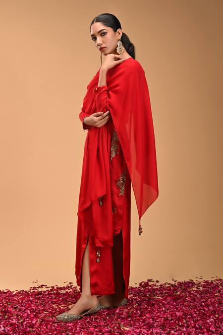 Shop Rirasa Red Georgette, Satin Diamonds, Matsya Phool Asymmetric Kurta With Dupatta Online at Aza Fashions Shop_Rirasa_Red Georgette, Satin Diamonds, Matsya Phool Asymmetric Kurta With Dupatta_Online_at_Aza_Fashions