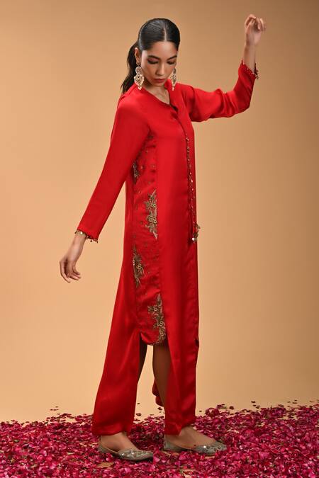 Rirasa Red Georgette, Satin Diamonds, Matsya Phool Asymmetric Kurta With Dupatta at Aza Fashions Rirasa_Red Georgette, Satin Diamonds, Matsya Phool Asymmetric Kurta With Dupatta_at_Aza_Fashions