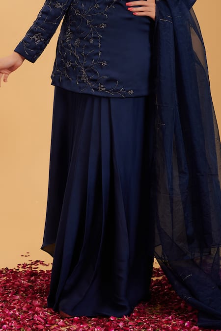 Buy_Rirasa_Blue Silk, Chiffon Embroidery Chandrakala Ivy Vine Short Kurta Draped Skirt Set _Online_at_Aza_Fashions