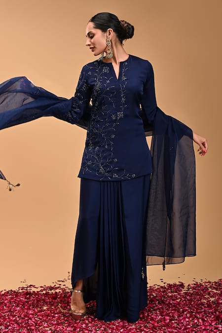 Shop_Rirasa_Blue Silk, Chiffon Embroidery Chandrakala Ivy Vine Short Kurta Draped Skirt Set _Online_at_Aza_Fashions