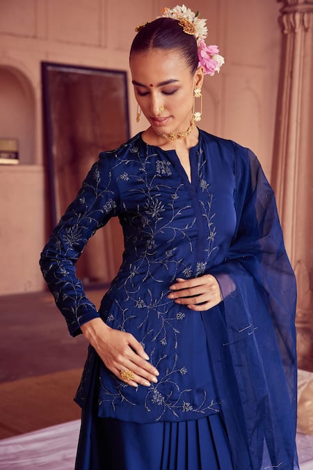Rirasa_Blue Silk, Chiffon Embroidery Chandrakala Ivy Vine Short Kurta Draped Skirt Set _at_Aza_Fashions