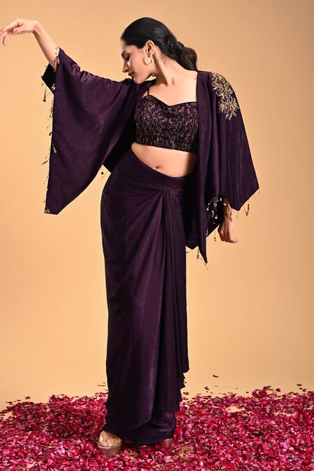 Buy_Rirasa_Purple Cotton Embroidery Sweetheart Garuda Petal Bloom Cape Draped Skirt Set _Online_at_Aza_Fashions