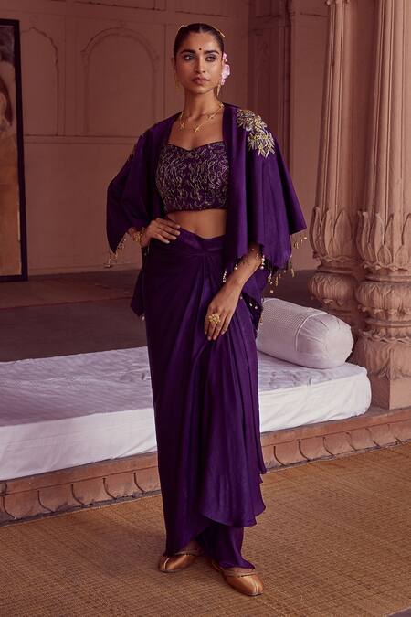 Rirasa Purple Garuda Petal Bloom Embroidered Cape at Aza Fashions Rirasa_Purple Garuda Petal Bloom Embroidered Cape_at_Aza_Fashions