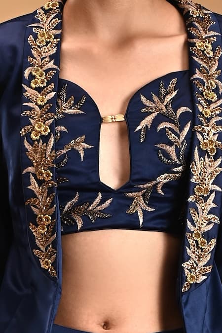 Shop Rirasa Blue Silk, Satin Embroidery V-neck, Varaha Fern Bloom Jacket Draped Skirt Set Online at Aza Fashions Shop_Rirasa_Blue Silk, Satin Embroidery V-neck, Varaha Fern Bloom Jacket Draped Skirt Set _Online_at_Aza_Fashions