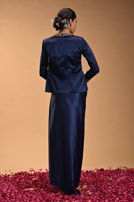 Shop_Rirasa_Blue Satin Embroidery Sweetheart Neck Varaha Fern Bloom Bustier_at_Aza_Fashions