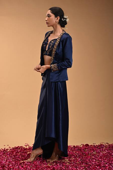 Shop_Rirasa_Blue Satin Embroidery Sweetheart Neck Varaha Fern Bloom Bustier_Online_at_Aza_Fashions