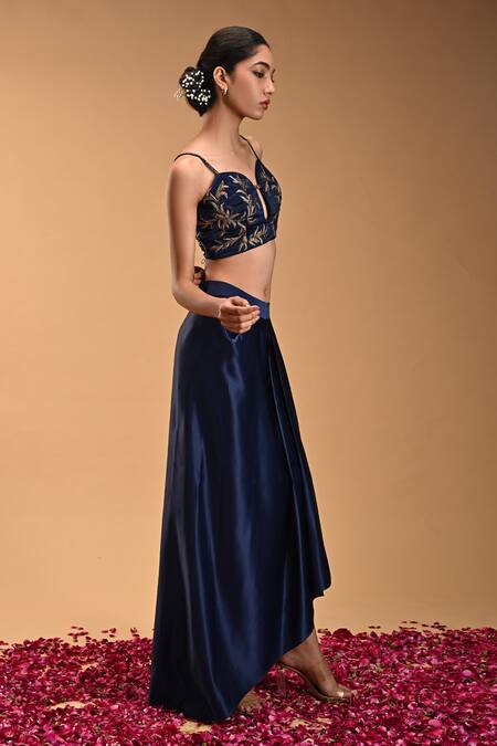 Shop_Rirasa_Blue Silk, Satin Embroidery Shawl Neck Varaha Fern Bloom Jacket With Bustier_Online_at_Aza_Fashions