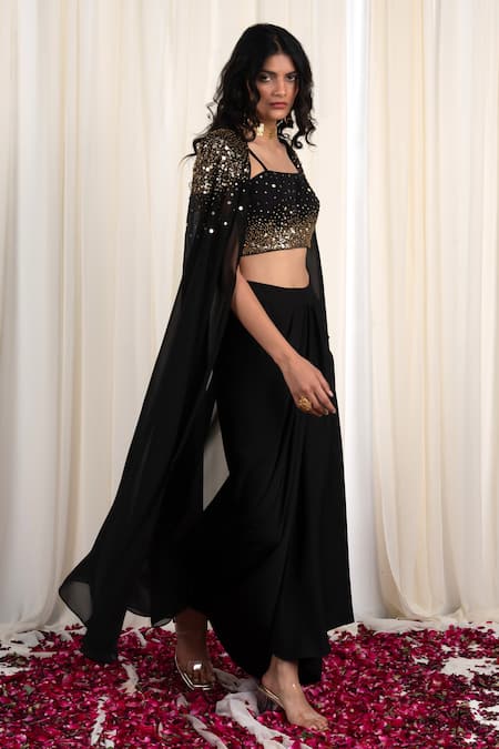Buy_Rirasa_Black Organza Sequins, Embroidery Square Neck Utsang Scattered Work Cape Set _Online_at_Aza_Fashions
