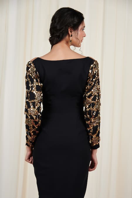 Shop Rirasa Black Georgette Sequins, Embroidery Scoop Neck Hanspaksha Draped Dress at Aza Fashions Shop_Rirasa_Black Georgette Sequins, Embroidery Scoop Neck Hanspaksha Draped Dress _at_Aza_Fashions