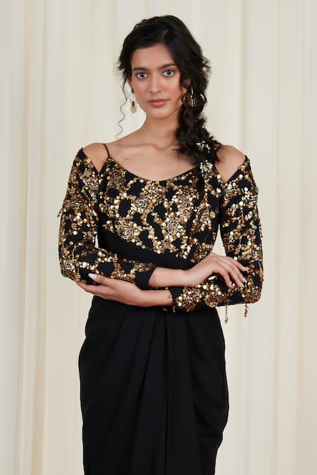 Rirasa Black Georgette Sequins, Embroidery Scoop Neck Hanspaksha Draped Dress Online at Aza Fashions Rirasa_Black Georgette Sequins, Embroidery Scoop Neck Hanspaksha Draped Dress _Online_at_Aza_Fashions