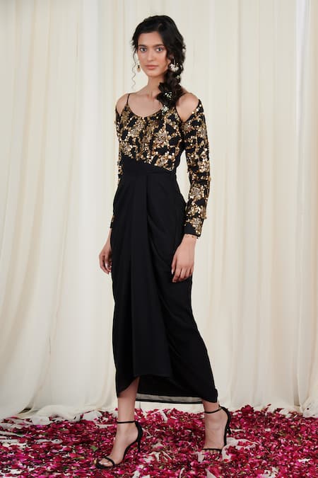 Buy Rirasa Black Georgette Sequins, Embroidery Scoop Neck Hanspaksha Draped Dress Online at Aza Fashions Buy_Rirasa_Black Georgette Sequins, Embroidery Scoop Neck Hanspaksha Draped Dress _Online_at_Aza_Fashions