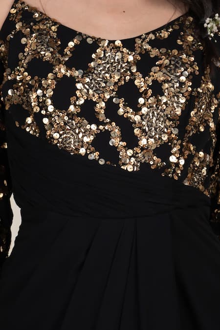 Shop Rirasa Black Georgette Sequins, Embroidery Scoop Neck Hanspaksha Draped Dress Online at Aza Fashions Shop_Rirasa_Black Georgette Sequins, Embroidery Scoop Neck Hanspaksha Draped Dress _Online_at_Aza_Fashions