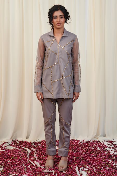 RIRASA Silver Organza Embroidery Bead Collar Shikaram Stripe Shirt And Pant Set