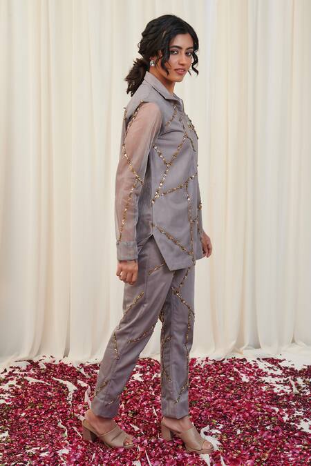 Rirasa_Silver Organza Beads, Applique Shikaram Stripe Embroidered Shirt And Pant Set_Online_at_Aza_Fashions