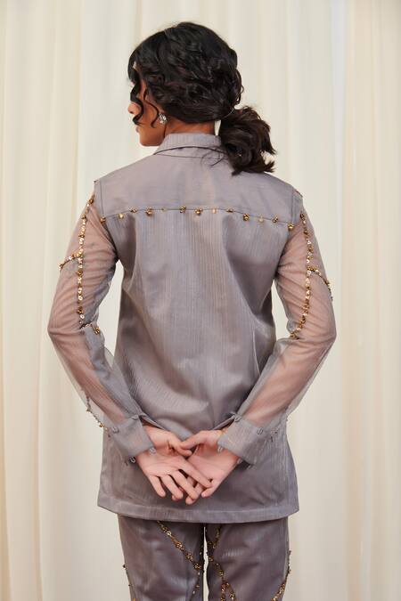 Shop_Rirasa_Silver Organza Beads, Applique Shikaram Stripe Embroidered Shirt And Pant Set_Online_at_Aza_Fashions