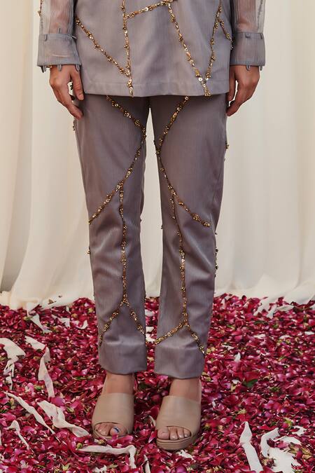 Rirasa_Silver Organza Beads, Applique Shikaram Stripe Embroidered Shirt And Pant Set_at_Aza_Fashions