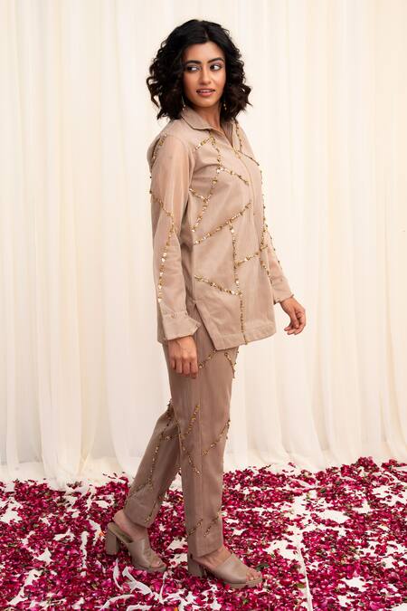 Rirasa Beige Organza Beads, Applique Collared Chatura Embroidered Shirt And Pant Set Online at Aza Fashions Rirasa_Beige Organza Beads, Applique Collared Chatura Embroidered Shirt And Pant Set_Online_at_Aza_Fashions