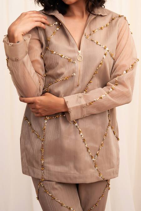 Buy Rirasa Beige Organza Beads, Applique Collared Chatura Embroidered Shirt And Pant Set Online at Aza Fashions Buy_Rirasa_Beige Organza Beads, Applique Collared Chatura Embroidered Shirt And Pant Set_Online_at_Aza_Fashions